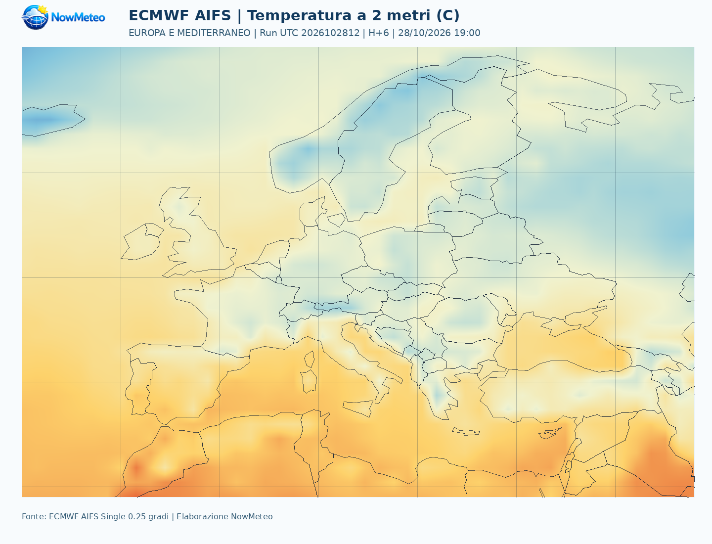 Carta AIFS Europa Temperatura a 2 metri, valida il 28/10/2026 19:00