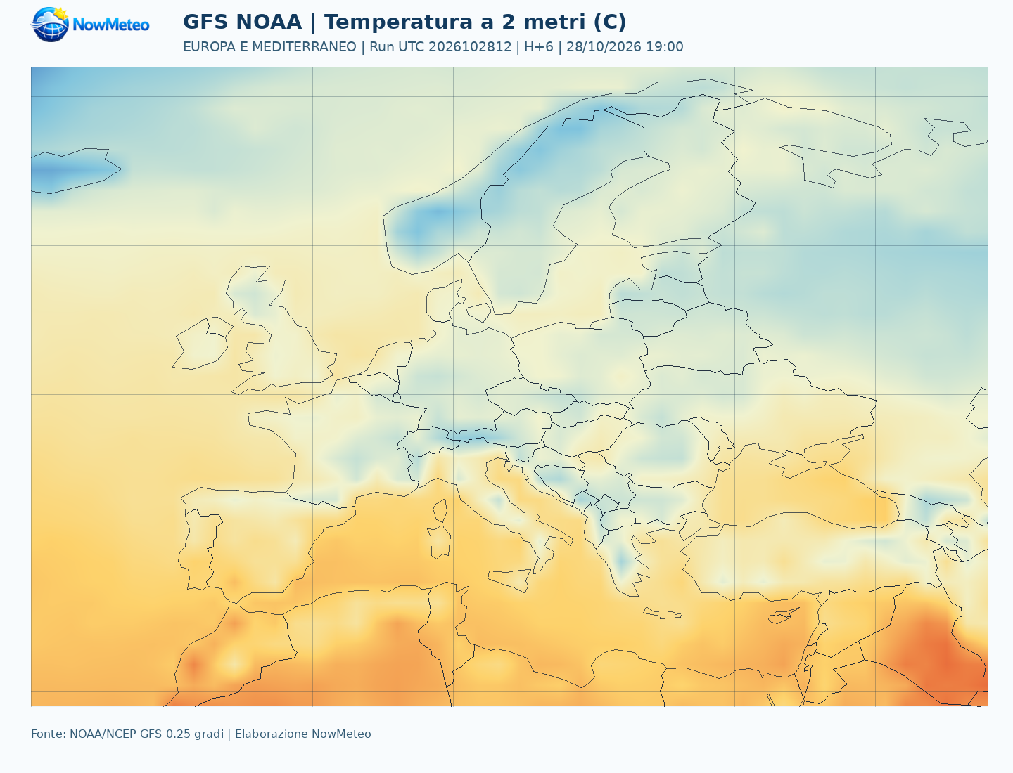 Carta GFS Europa Temperatura a 2 metri, valida il 28/10/2026 19:00