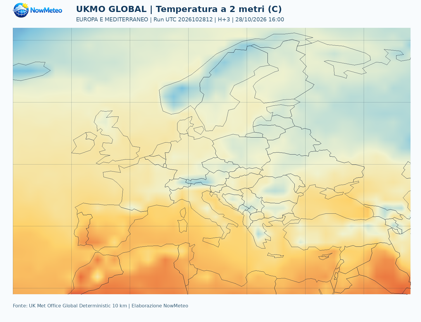 Carta UKMO Europa Temperatura a 2 metri, valida il 28/10/2026 16:00